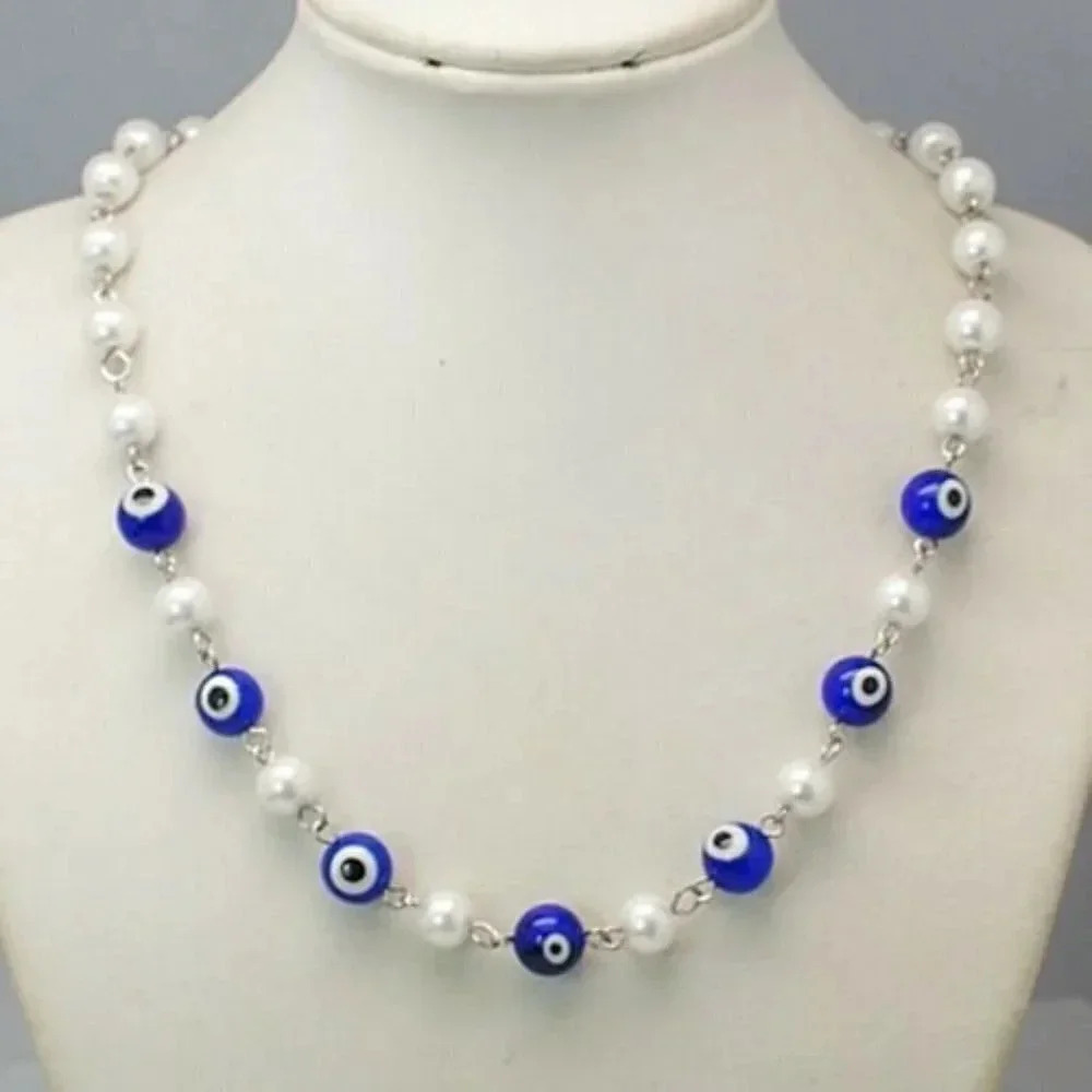 Handcrafted Turkish Evil Eye Glass Blue and White Pearl Beads 18" Long Necklace